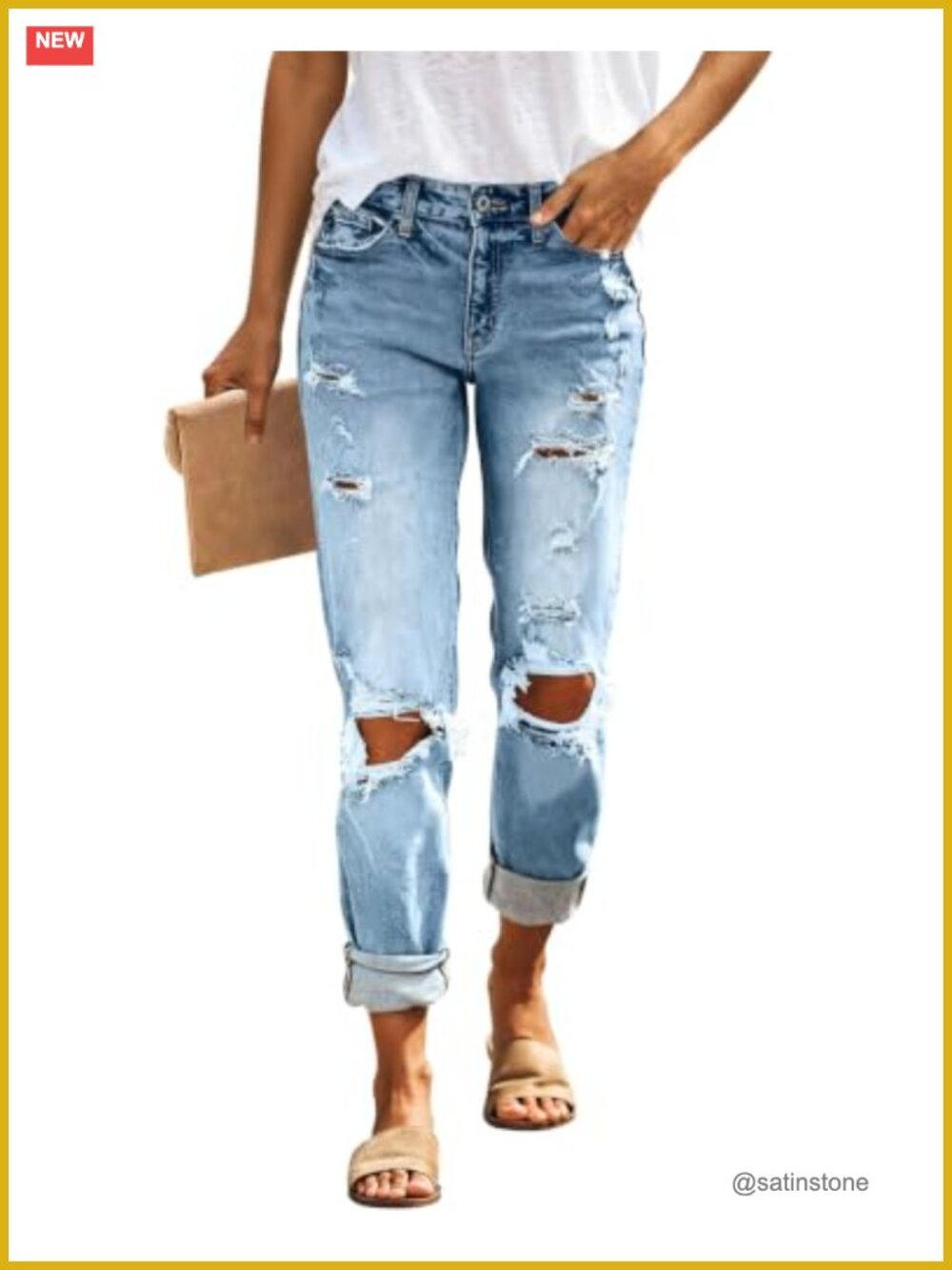 KUNMI Boyfriend Ripped Mid Rise Stretchy Denim Jeans Distressed Cutout
